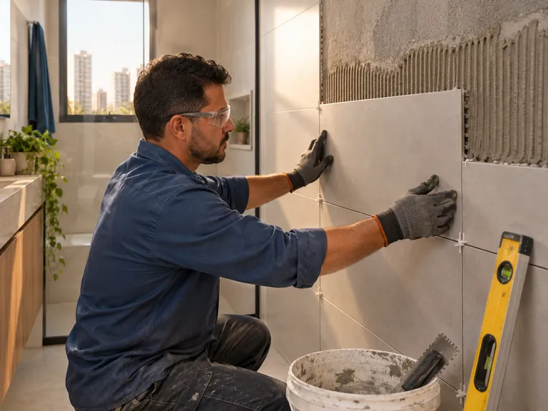 Profissional alinhando uma placa de porcelanato na parede do banheiro