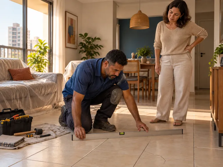 Profissional conferindo o nivelamento do piso durante visita técnica com a proprietária